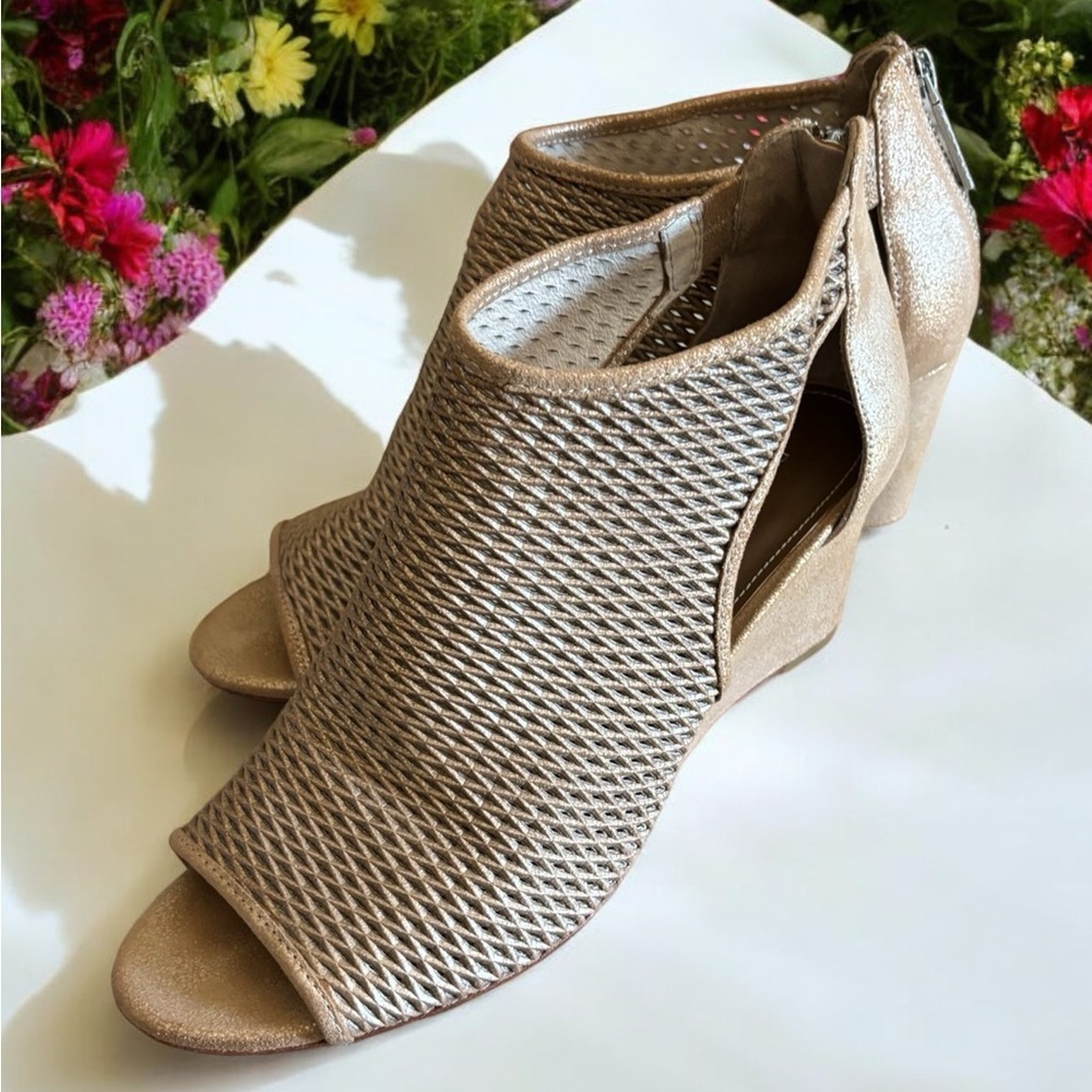 Donald Pilner Jace Metallic Perforated Leather Peep Toe Wedge Sandal.
